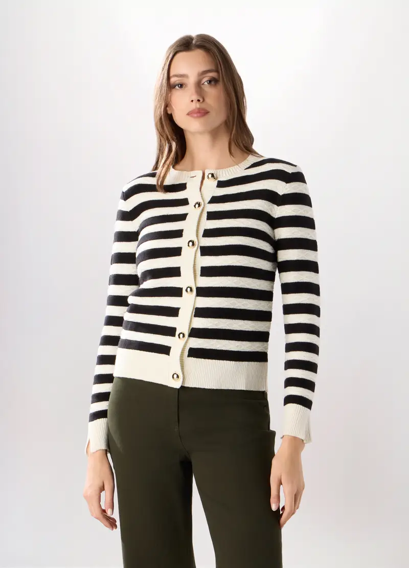 Cardigan Tricot Misto Cotone Donna, Bianco/Nero