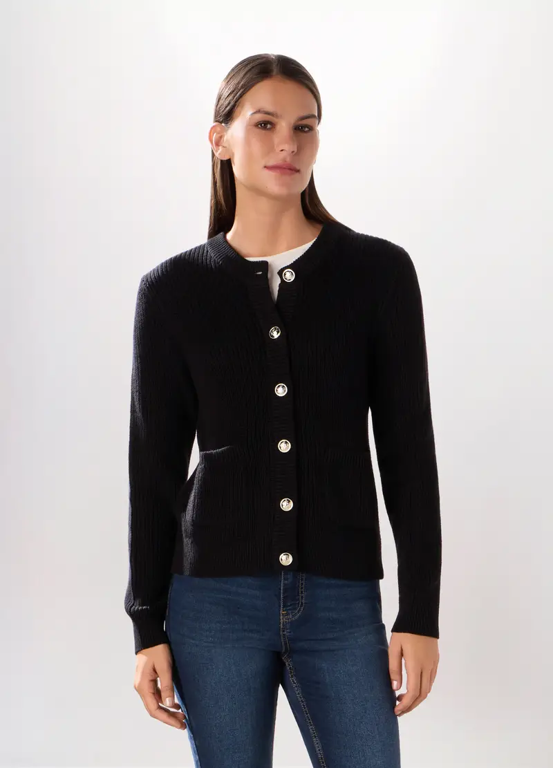 Cardigan Tricot Misto Cotone Donna, Nero/Argento