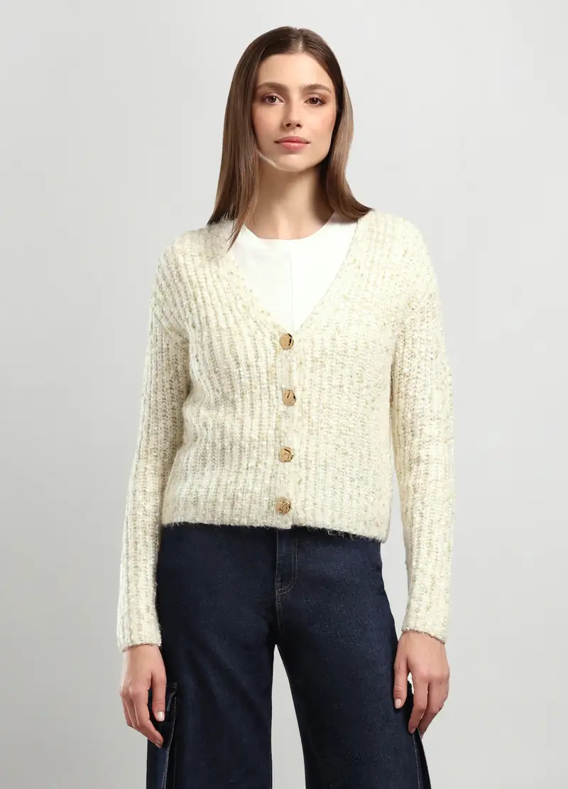 Cardigan Tricot Misto Lana Donna, Bianco panna