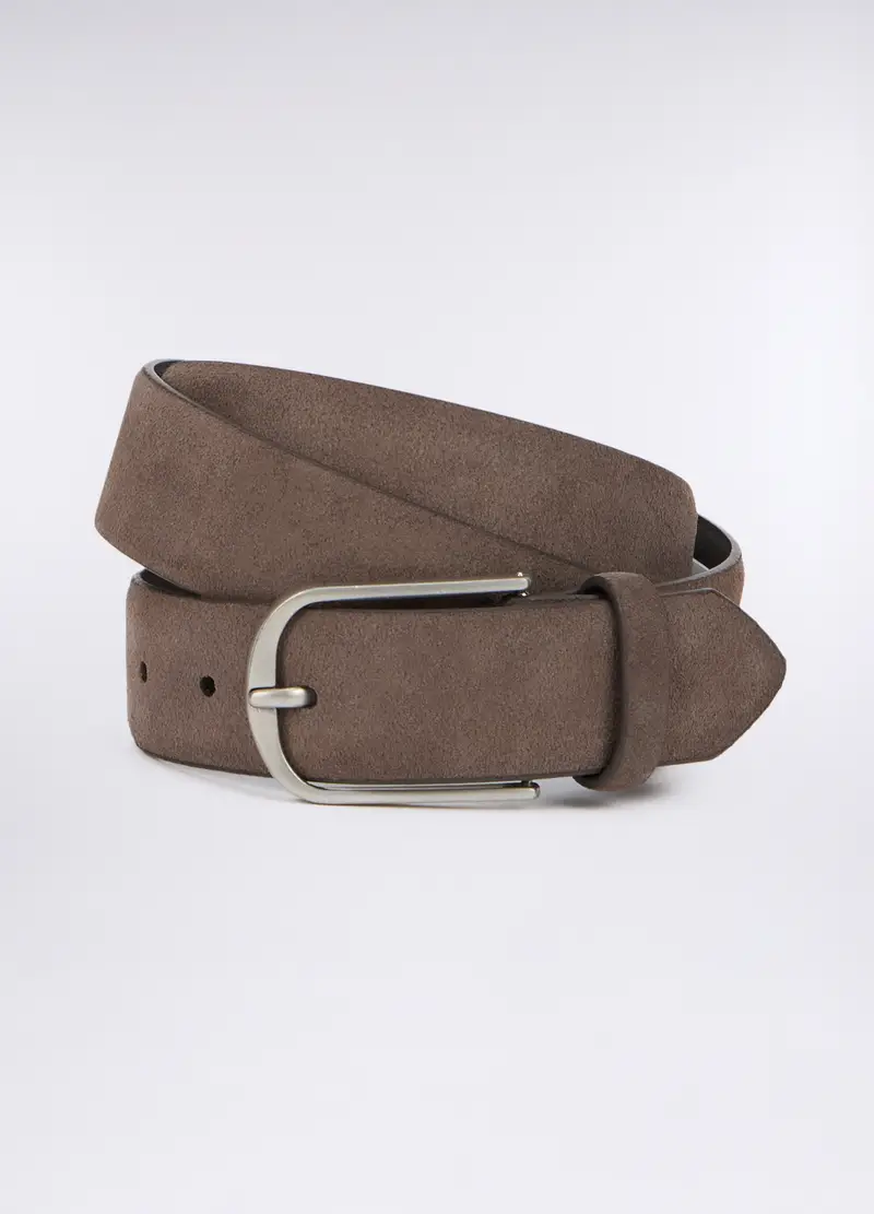 Cintura In Suede Con Fibbia Ovale Uomo, Marrone cioccolato