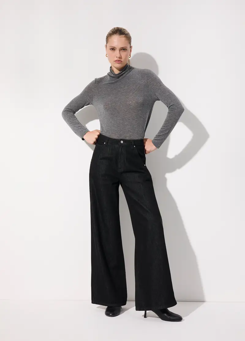 Denim Wide Leg In Cotone Misto Lyocell Donna, Unisex, Nero