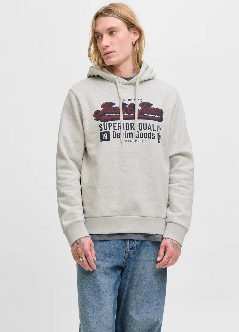 Felpa Con Cappuccio E Stampa Uomo, Unisex, Grigio chiaro melange