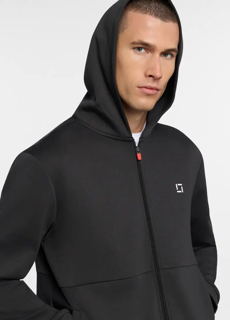 Felpa Con Cappuccio In Interlock Misto Cotone Uomo, Unisex, Nero miniatura 3