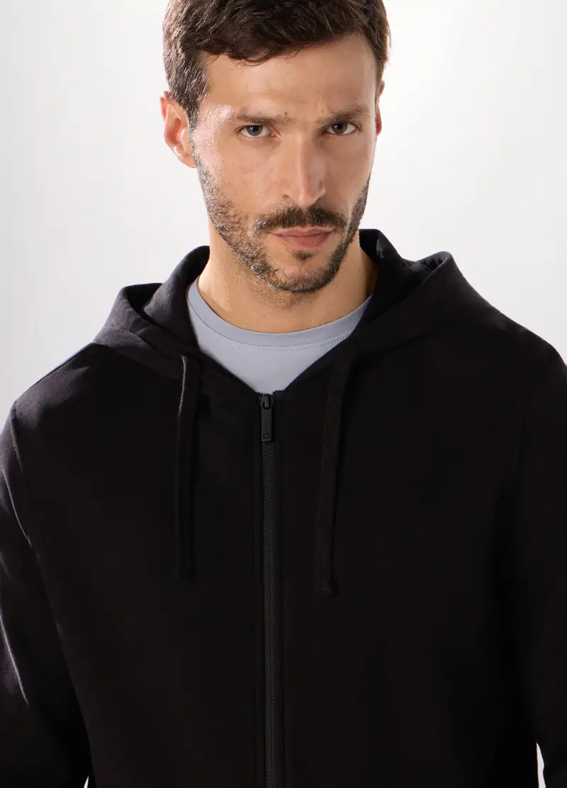 Felpa Con Cappuccio In Puro Cotone Uomo, Unisex, Nero miniatura 3