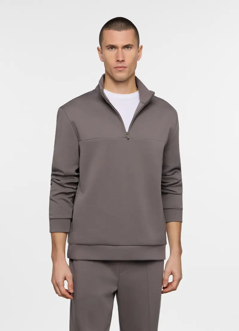 Felpa Con Mezza Zip In Interlock Uomo, Unisex, Marrone fango