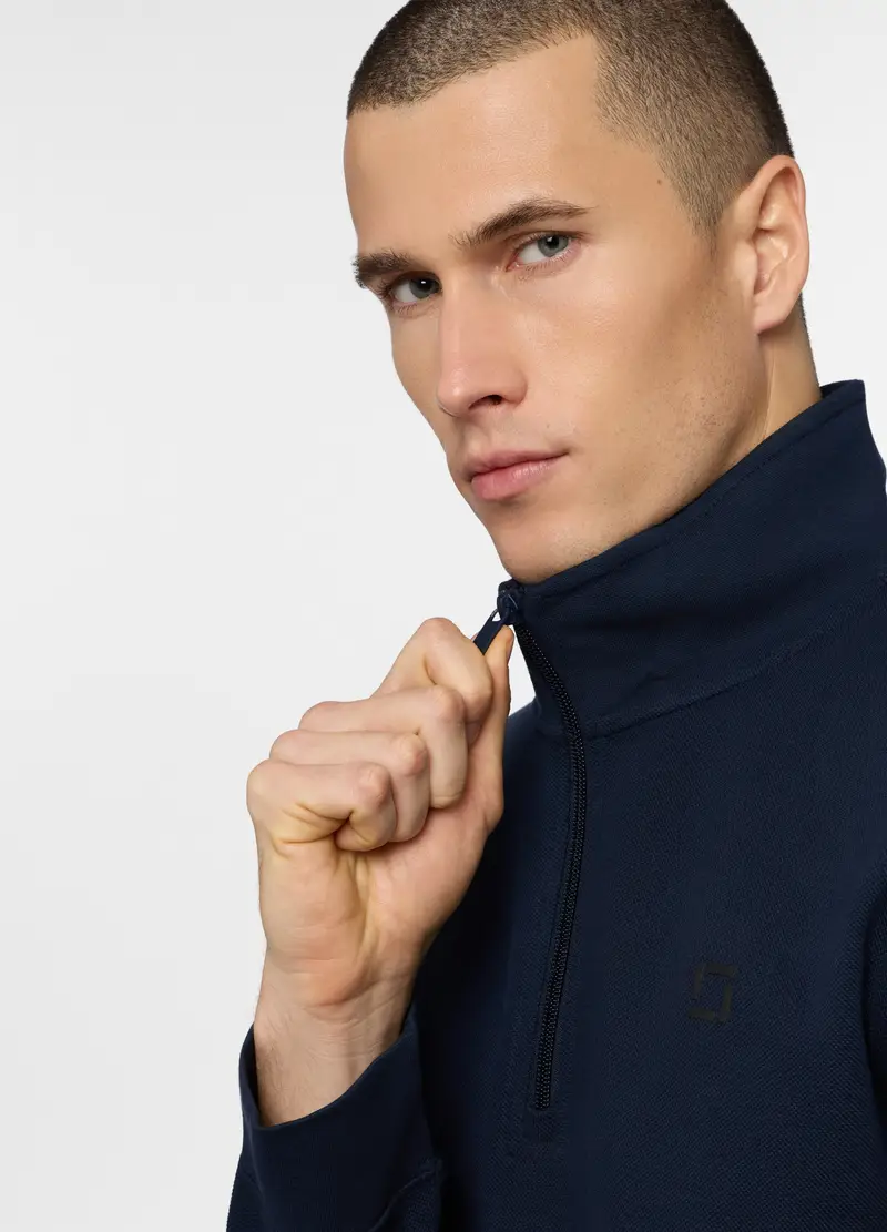 Felpa Con Mezza Zip In Piquet Misto Cotone Uomo, Unisex, Blu navy miniatura 3