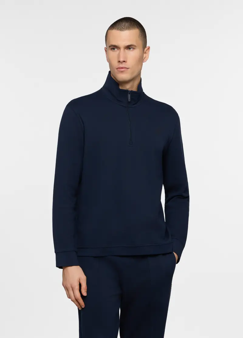 Felpa Con Mezza Zip In Piquet Misto Cotone Uomo, Unisex, Blu navy