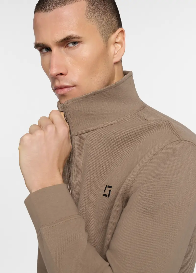 Felpa Con Mezza Zip In Piquet Misto Cotone Uomo, Unisex, Marrone tabacco miniatura 3