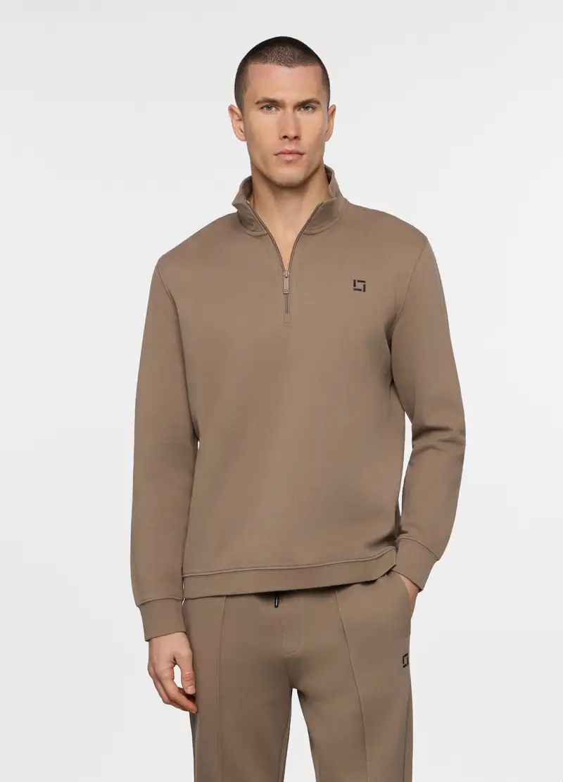 Felpa Con Mezza Zip In Piquet Misto Cotone Uomo, Unisex, Marrone tabacco