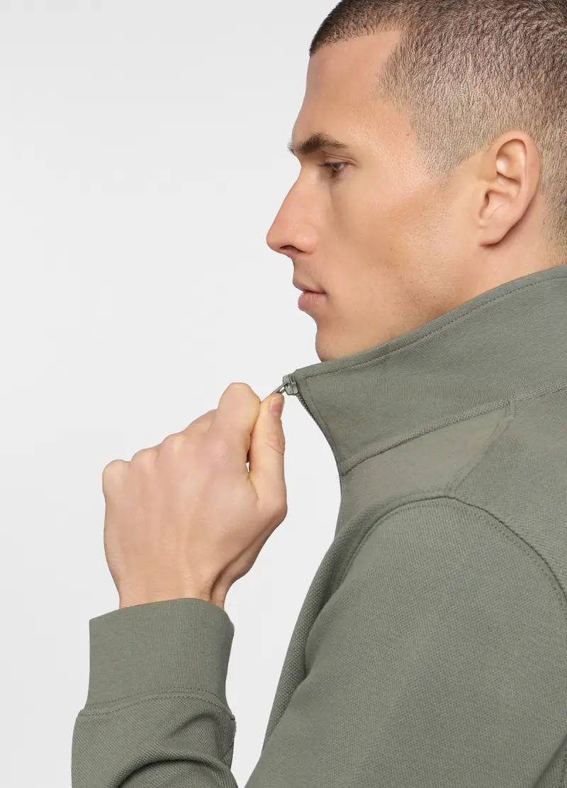 Felpa Con Mezza Zip In Piquet Misto Cotone Uomo, Unisex, Verde militare miniatura 3