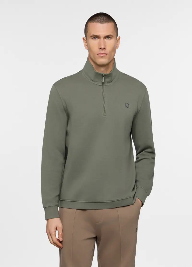 Felpa Con Mezza Zip In Piquet Misto Cotone Uomo, Unisex, Verde militare