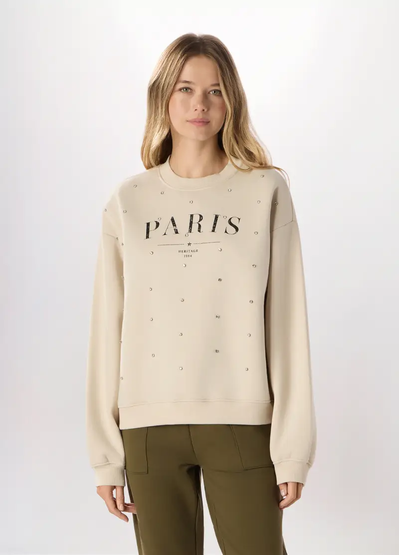 Felpa Con Strass Donna, Beige chiaro