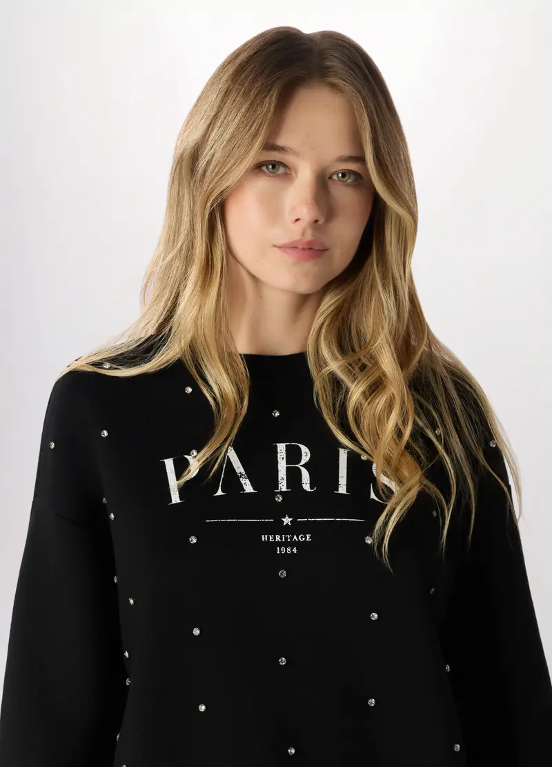 Felpa Con Strass Donna, Nero miniatura 3