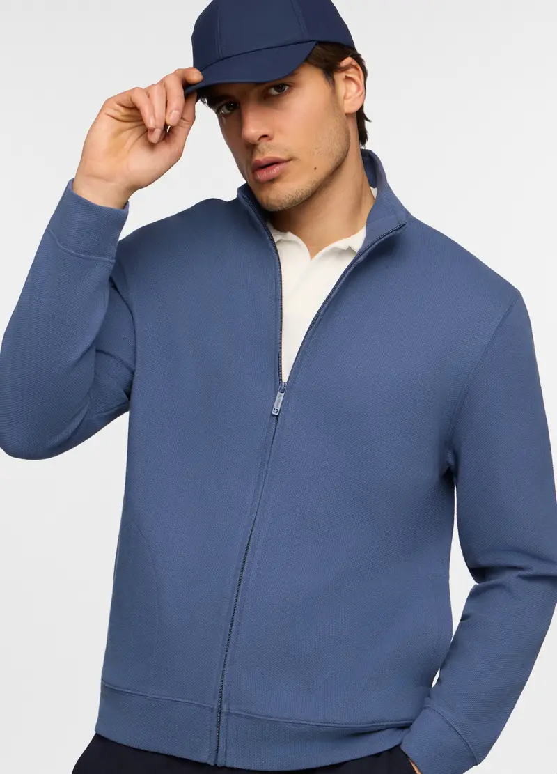 Felpa Con Zip In Maglia Di Cotone Uomo, Unisex, Azzurro scuro