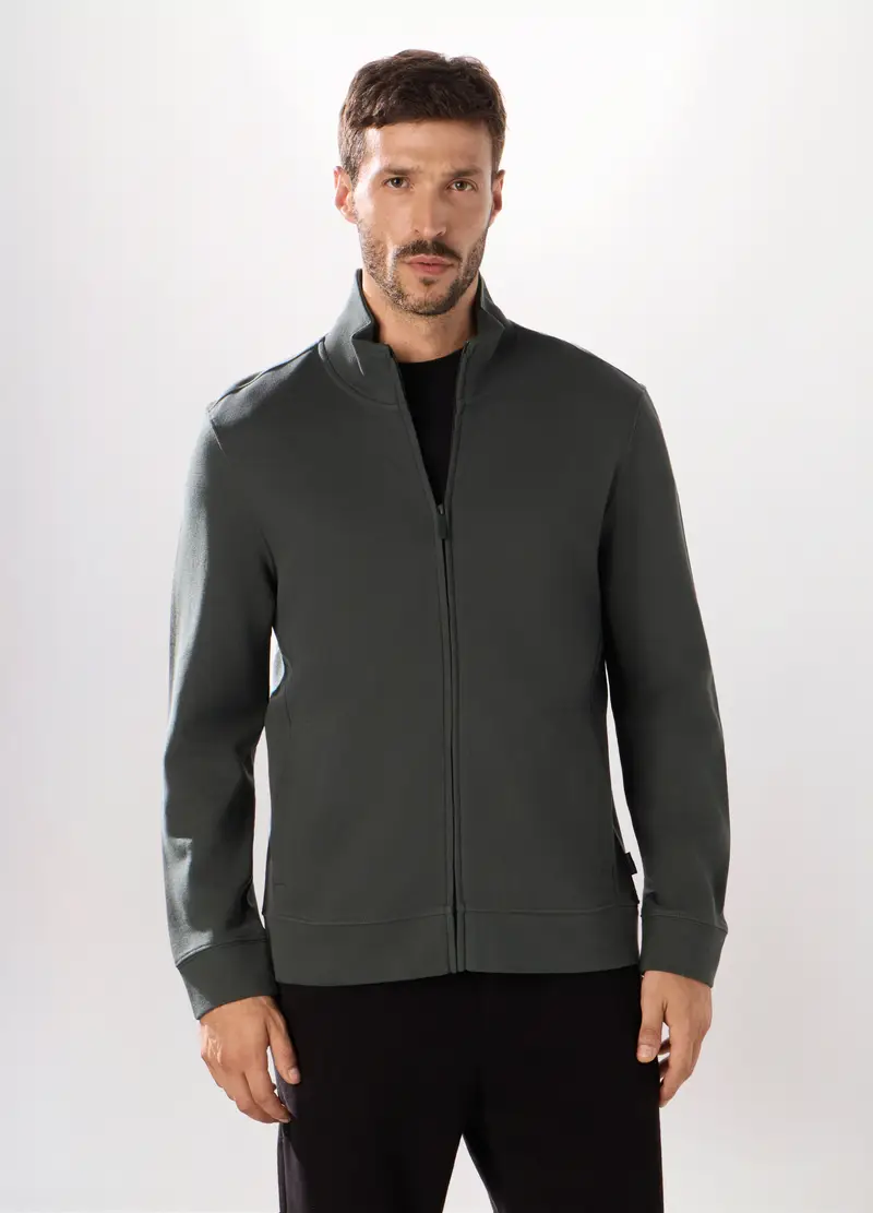 Felpa Con Zip In Puro Cotone Uomo, Unisex, Grigio antracite