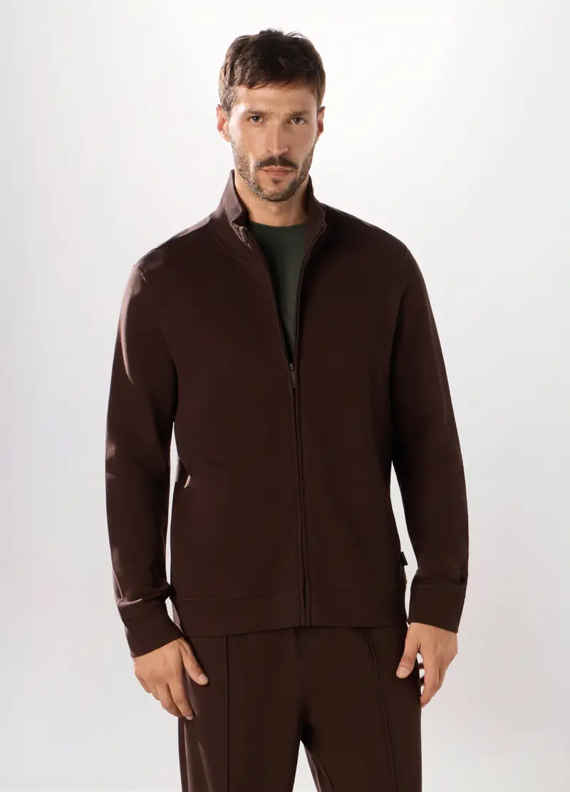 Felpa Con Zip In Puro Cotone Uomo, Unisex, Marrone scuro