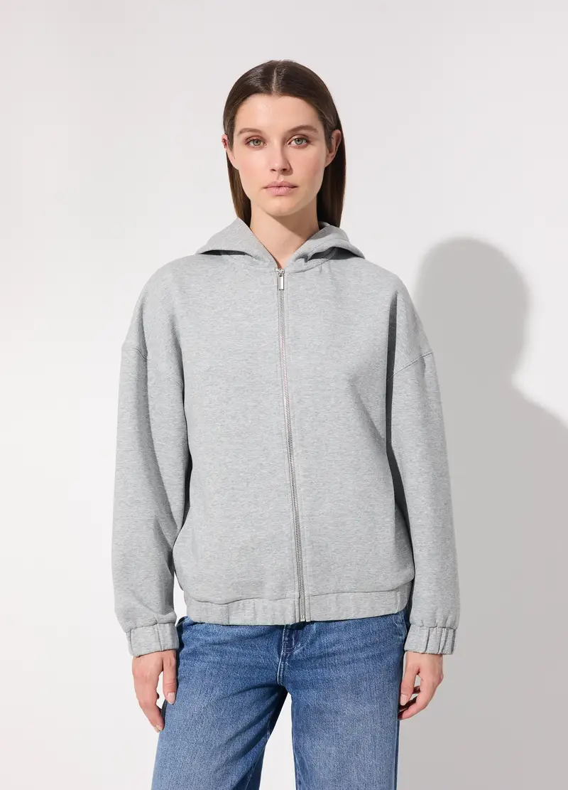 Felpa Full Zip Con Cappuccio In Misto Cotone Donna, Unisex, Grigio melange miniatura 2