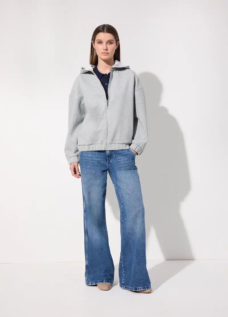 Felpa Full Zip Con Cappuccio In Misto Cotone Donna, Unisex, Grigio melange