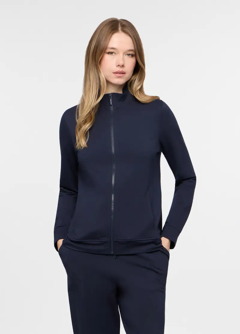 Felpa Full Zip In French Terry Di Cotone Stretch Donna, Blu navy