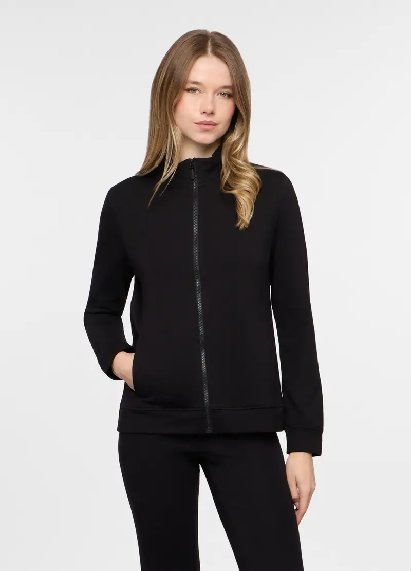 Felpa Full Zip In French Terry Di Cotone Stretch Donna, Nero