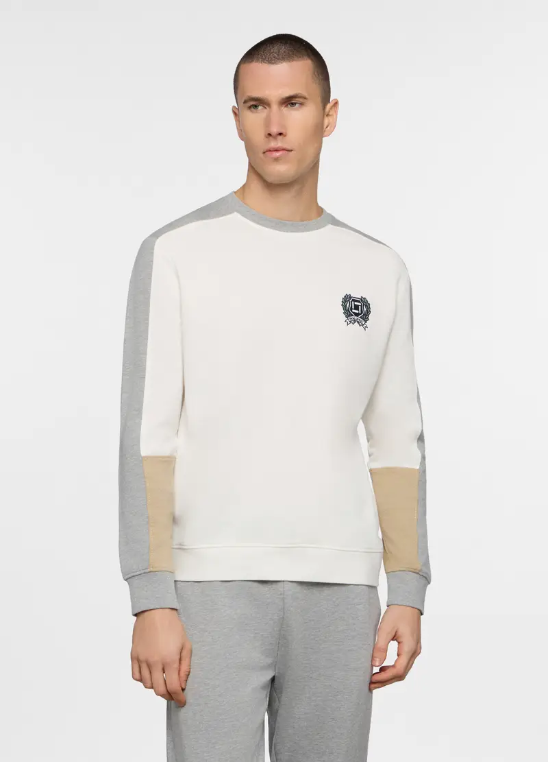 Felpa Girocollo In Cotone Color Block Uomo, Unisex, Bianco lana