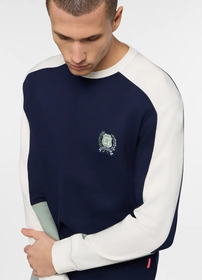 Felpa Girocollo In Cotone Color Block Uomo, Unisex, Blu scuro miniatura 3