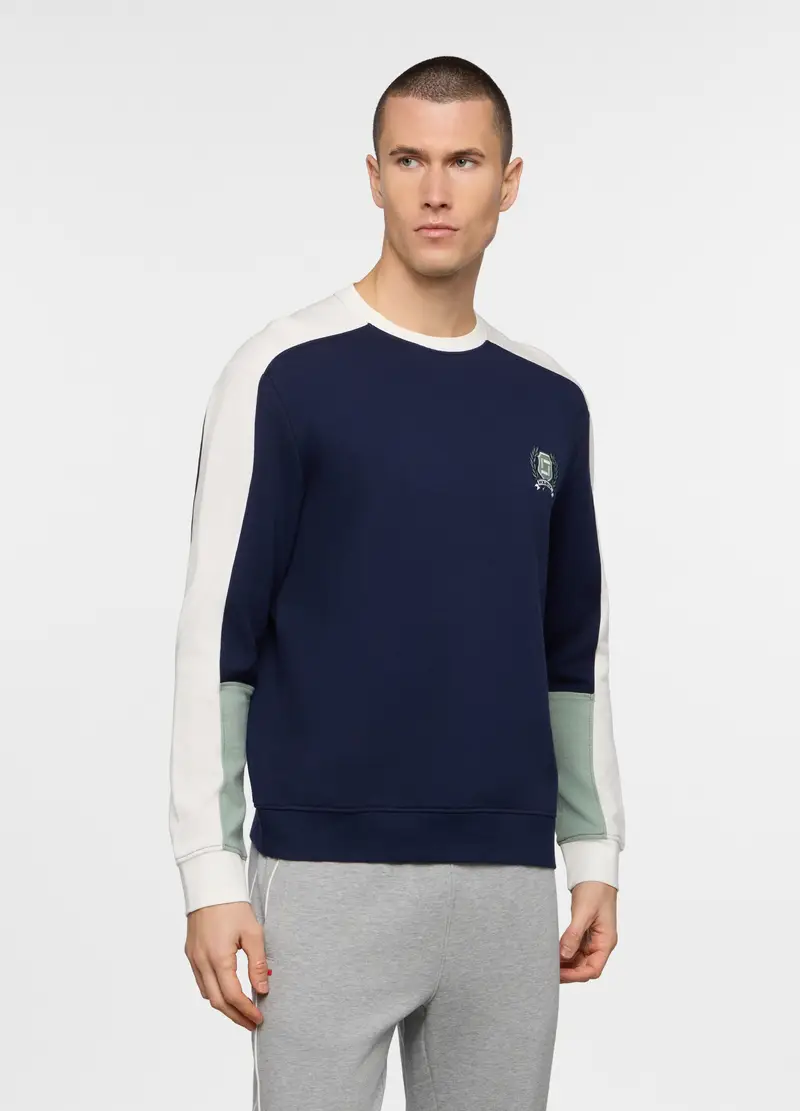 Felpa Girocollo In Cotone Color Block Uomo, Unisex, Blu scuro