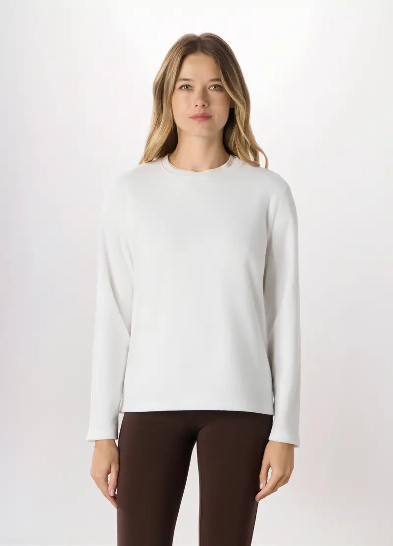 Felpa Girocollo In Pile Donna, Bianco panna