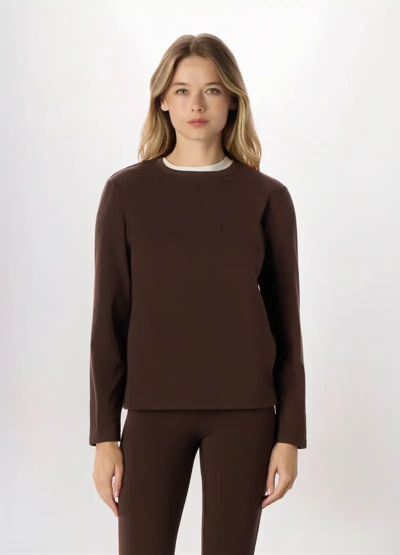 Felpa Girocollo In Pile Donna, Marrone scuro