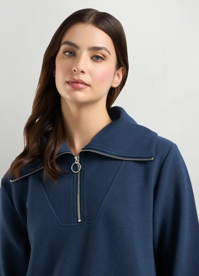 Felpa In Costina Di Misto Cotone Donna, Blu navy miniatura 3