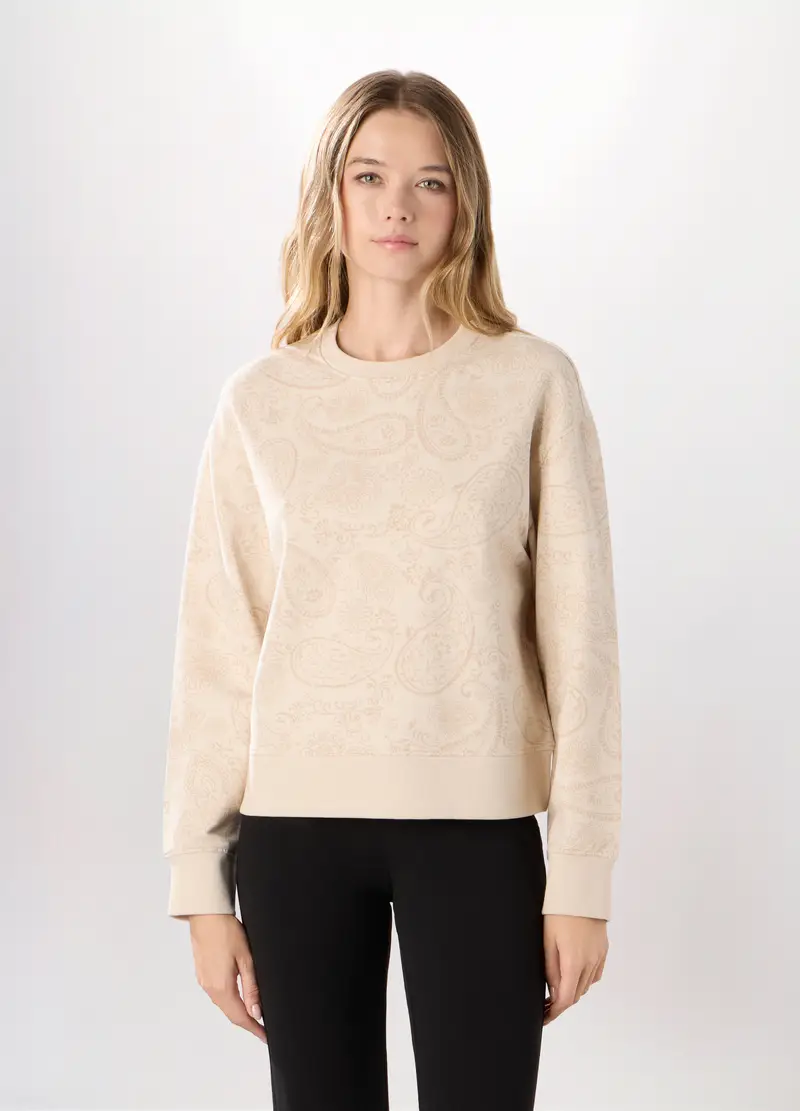 Felpa In French Terry Di Cotone Stretch Donna, Beige chiaro