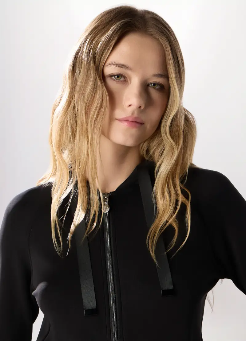 Felpa In Jersey Stretch Con Cappuccio Donna, Nero miniatura 3