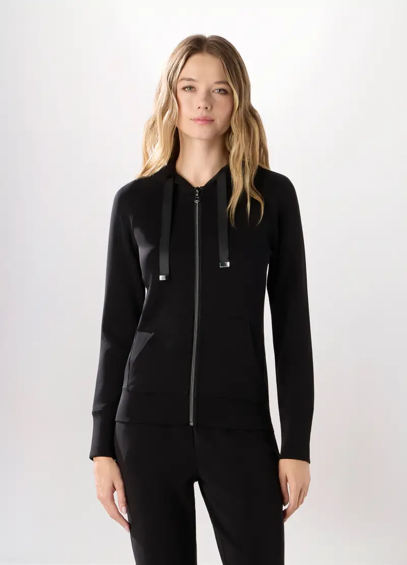 Felpa In Jersey Stretch Con Cappuccio Donna, Nero