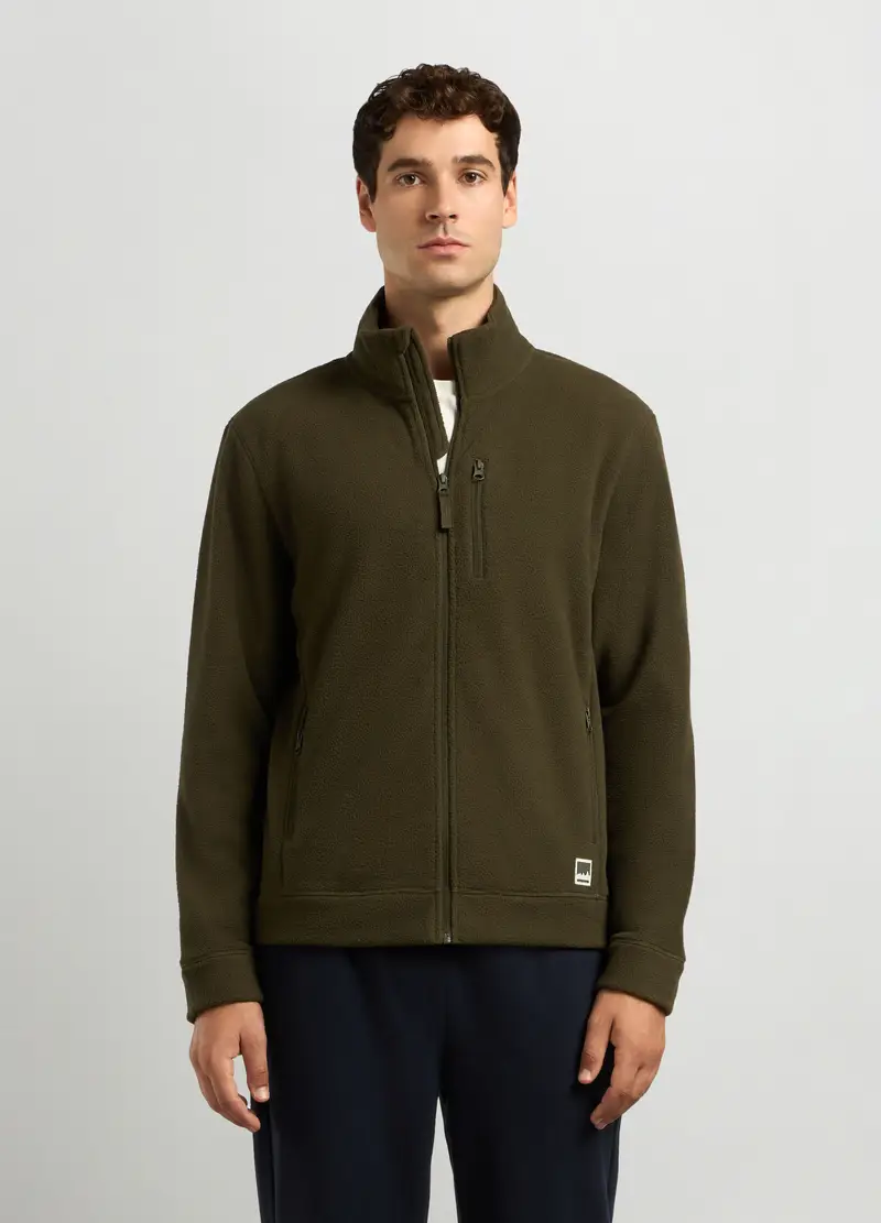 Felpa In Pile A Collo Alto Full Zip Uomo, Unisex, Verde oliva