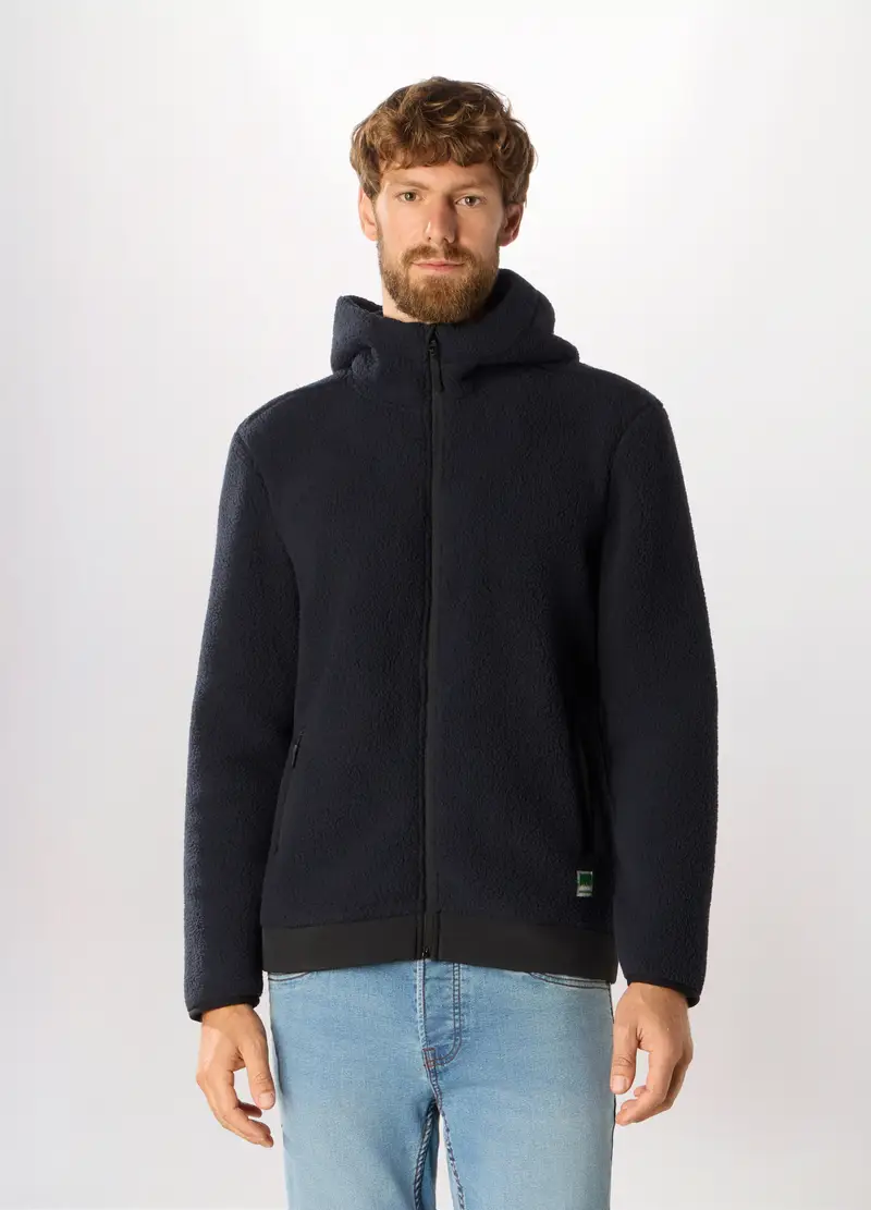 Felpa In Pile Con Cappuccio E Zip Uomo, Unisex, Blu scuro