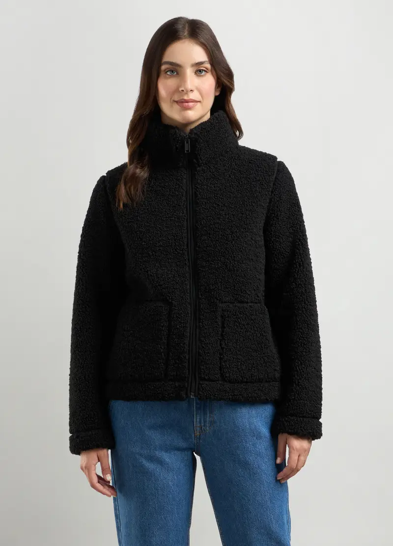 Felpa In Sherpa Full Zip Donna, Nero
