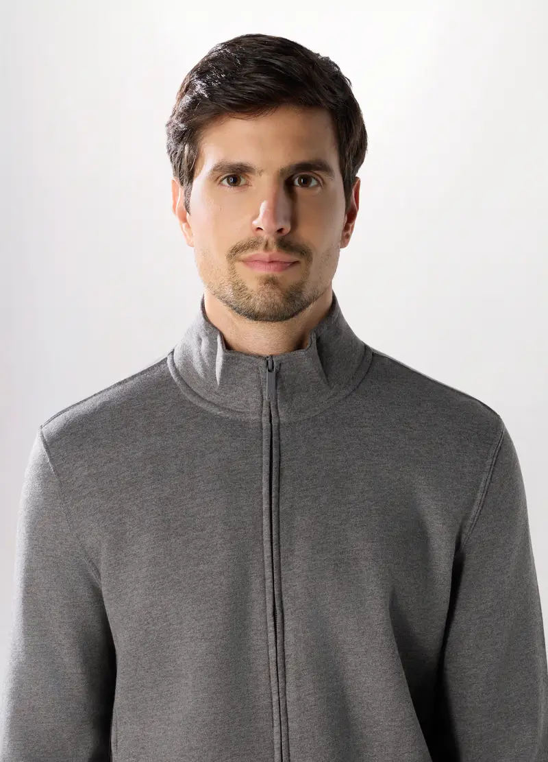 Felpa Lupetto Con Zip In Misto Cotone Uomo, Unisex, Grigio melange miniatura 3