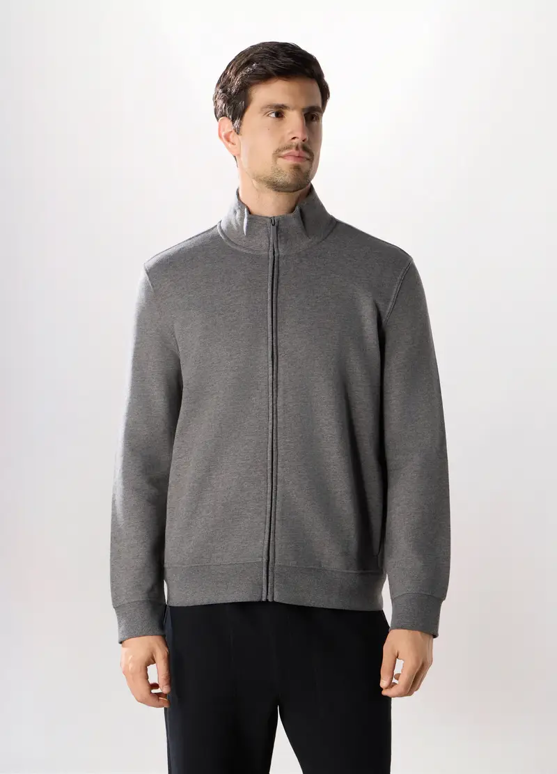 Felpa Lupetto Con Zip In Misto Cotone Uomo, Unisex, Grigio melange
