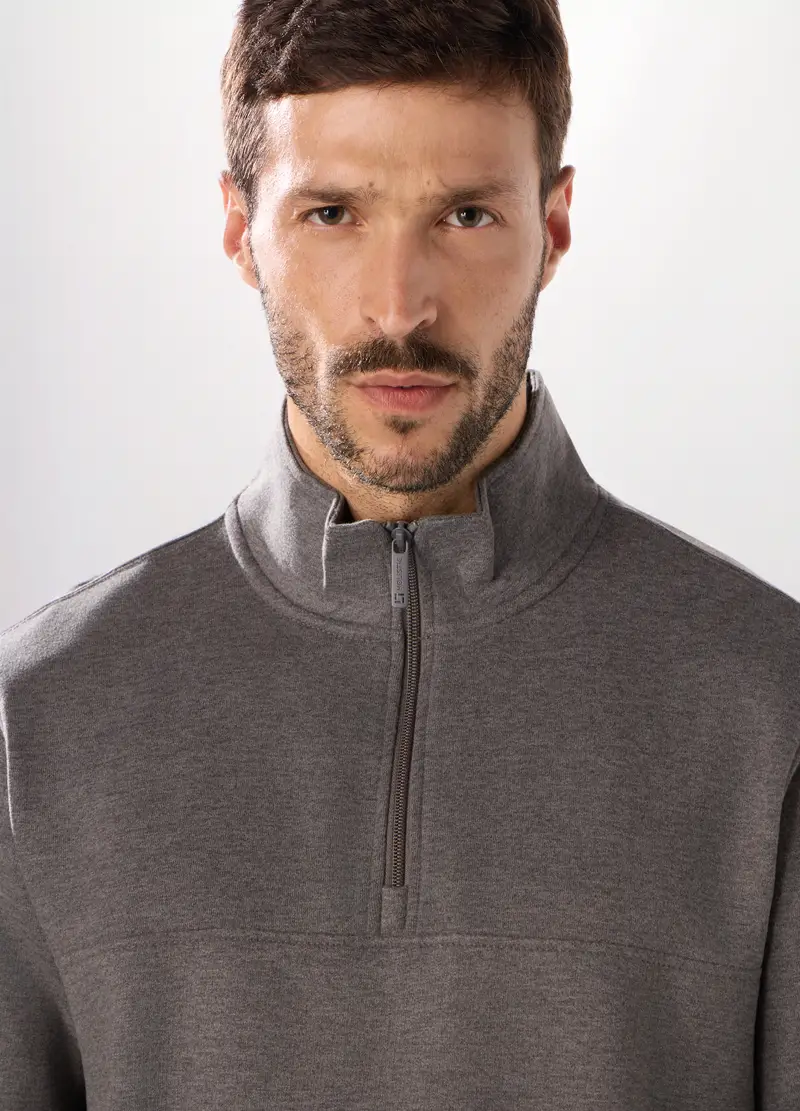 Felpa Lupetto Con Zip In Puro Cotone Uomo, Unisex, Grigio scuro melange miniatura 3