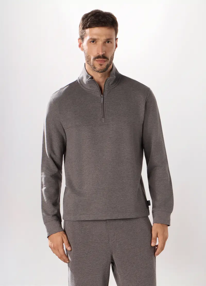 Felpa Lupetto Con Zip In Puro Cotone Uomo, Unisex, Grigio scuro melange