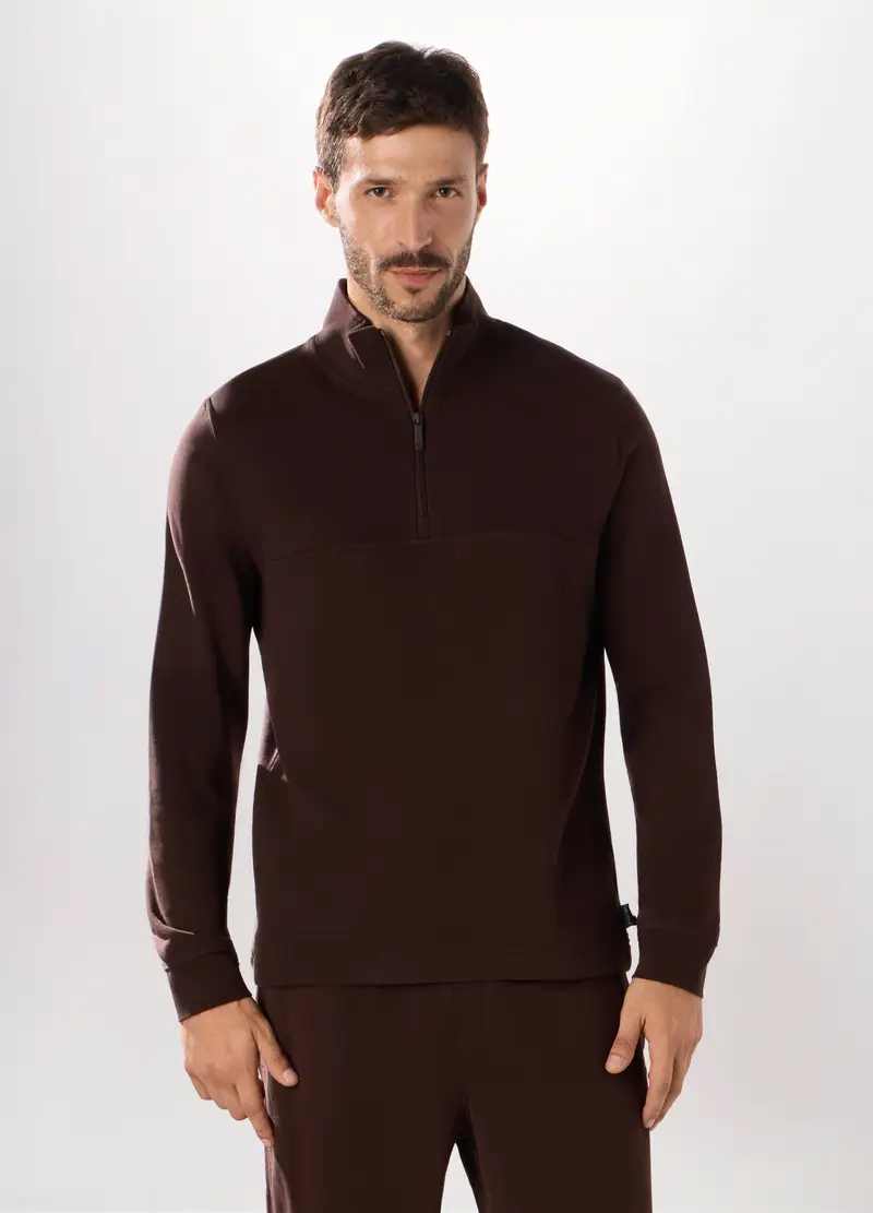 Felpa Lupetto Con Zip In Puro Cotone Uomo, Unisex, Marrone scuro