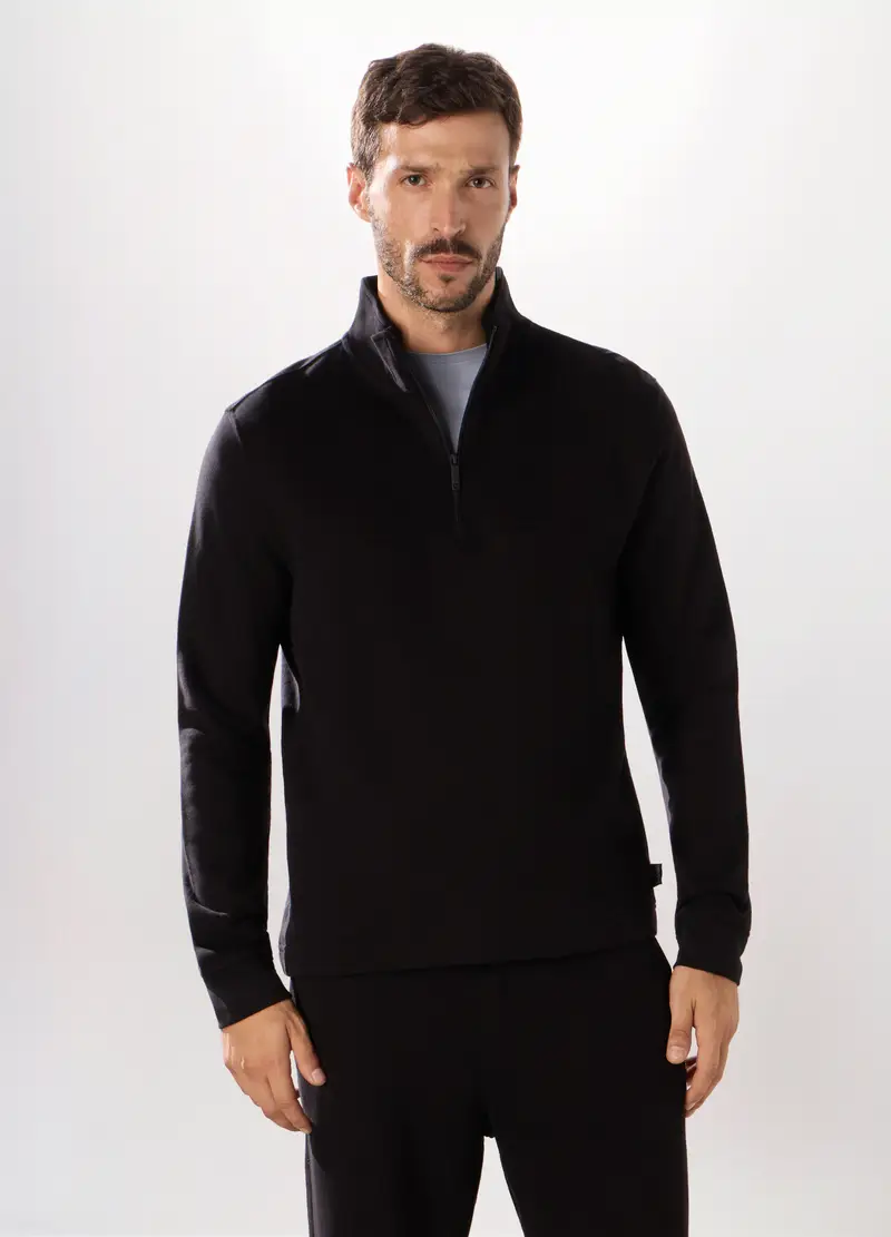 Felpa Lupetto Con Zip In Puro Cotone Uomo, Unisex, Nero
