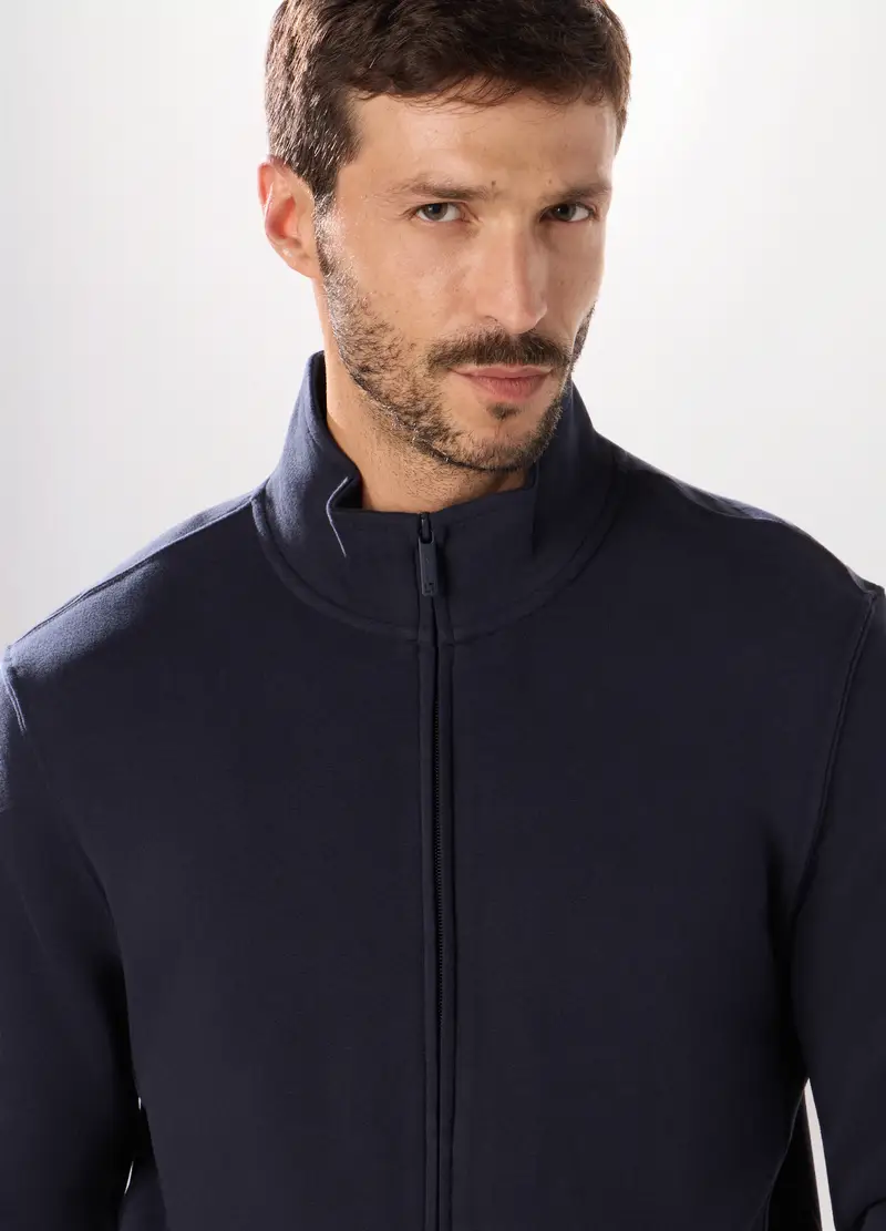 Felpa Slim Con Zip In Puro Cotone Uomo, Unisex, Blu navy miniatura 3