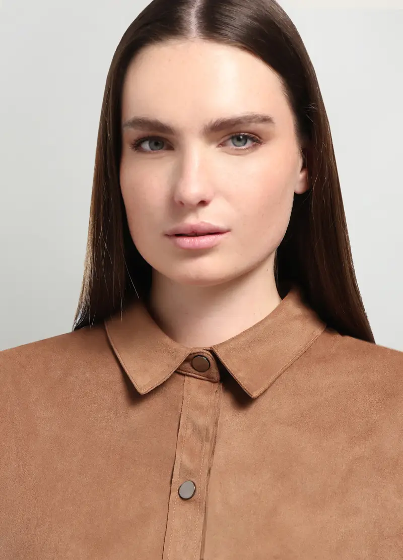 Giacca Camicia Effetto Scamosciato Donna Curvy, Marrone chiaro miniatura 3