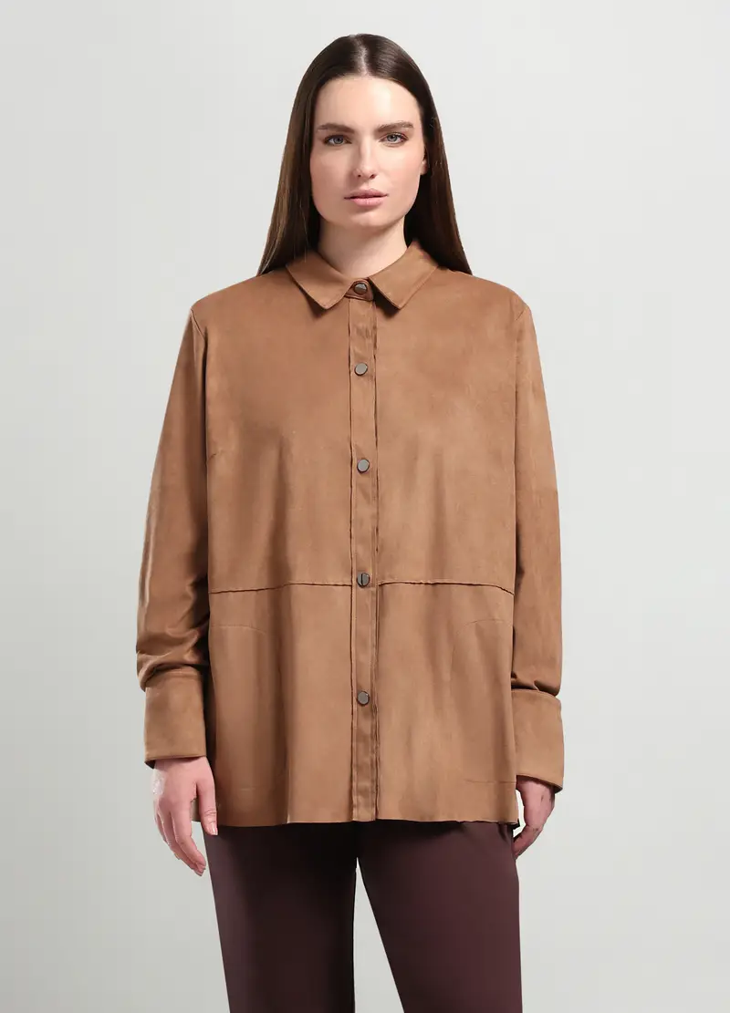 Giacca Camicia Effetto Scamosciato Donna Curvy, Marrone chiaro