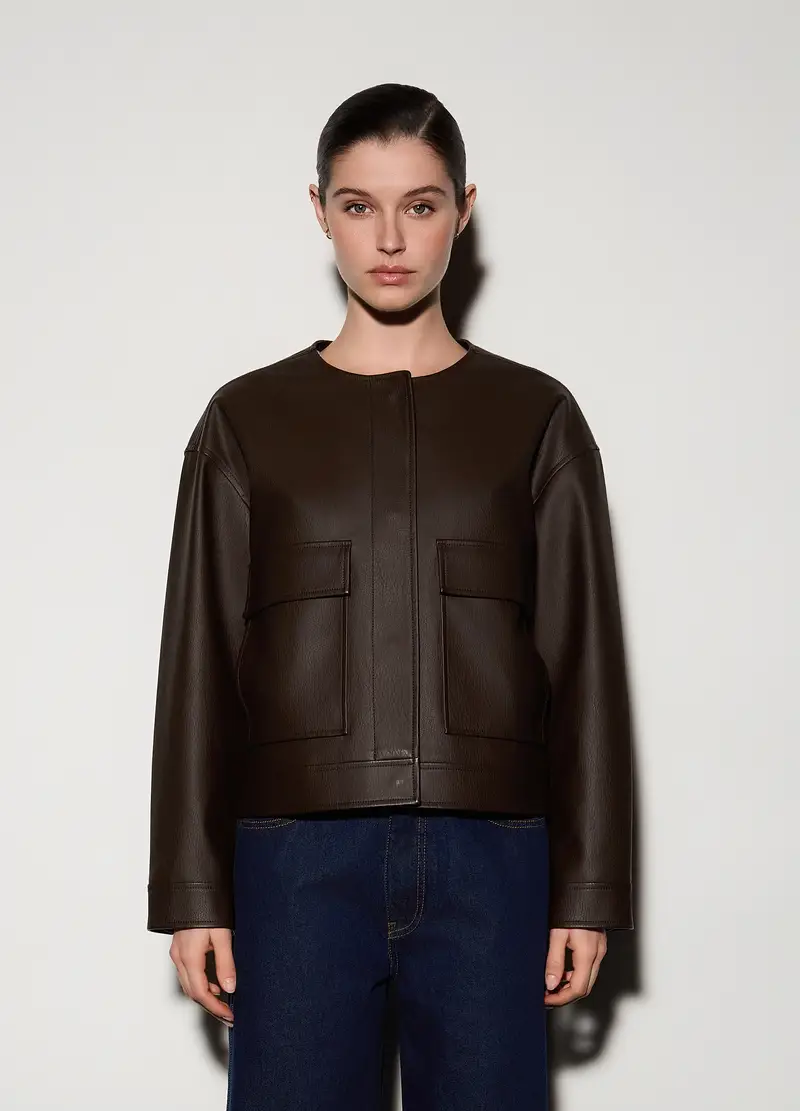 Giacca Corta In Eco Pelle Donna, Unisex, Marrone scuro miniatura 2