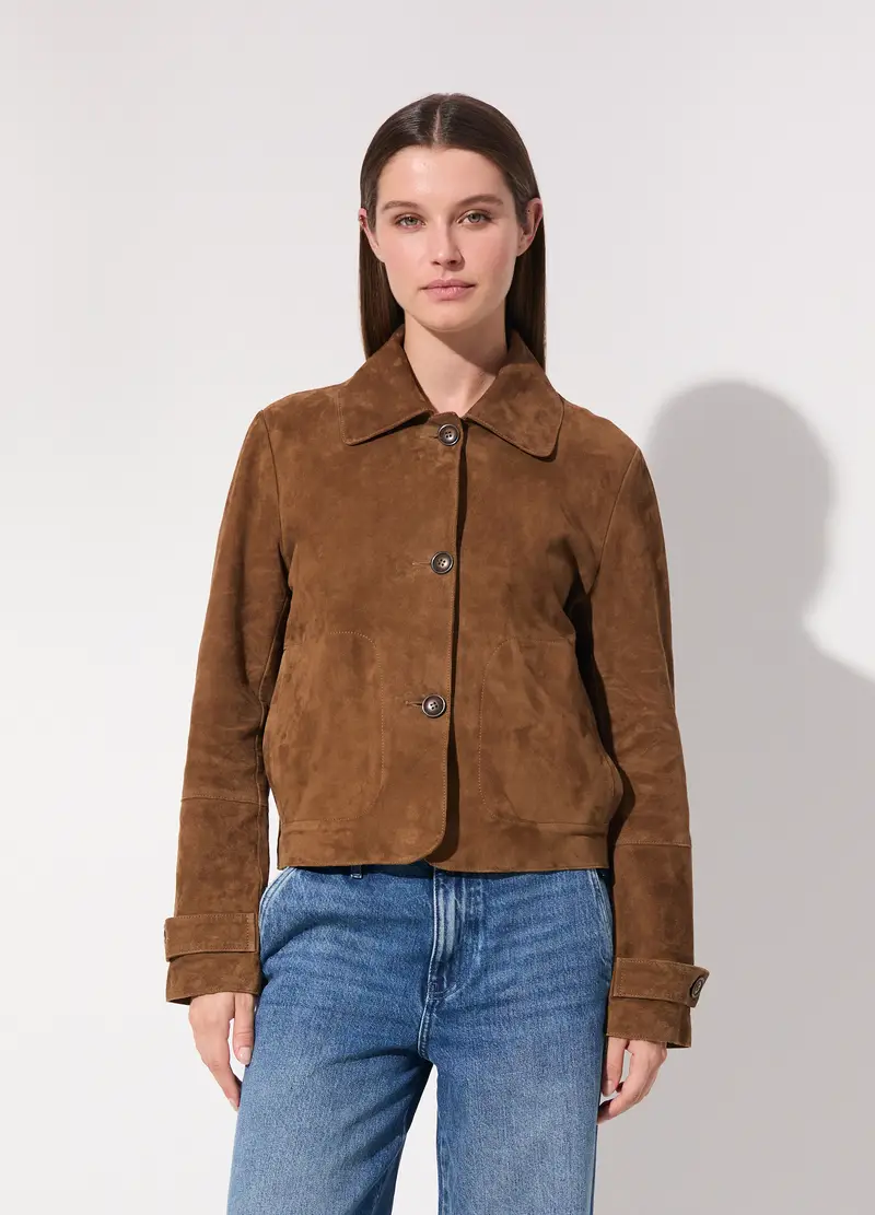 Giacca Corta In Vera Pelle Scamosciata Donna, Unisex, Marrone tabacco miniatura 2