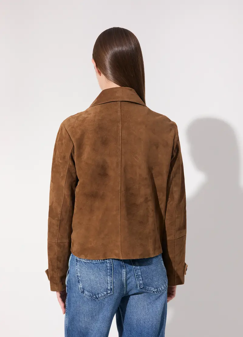 Giacca Corta In Vera Pelle Scamosciata Donna, Unisex, Marrone tabacco miniatura 3