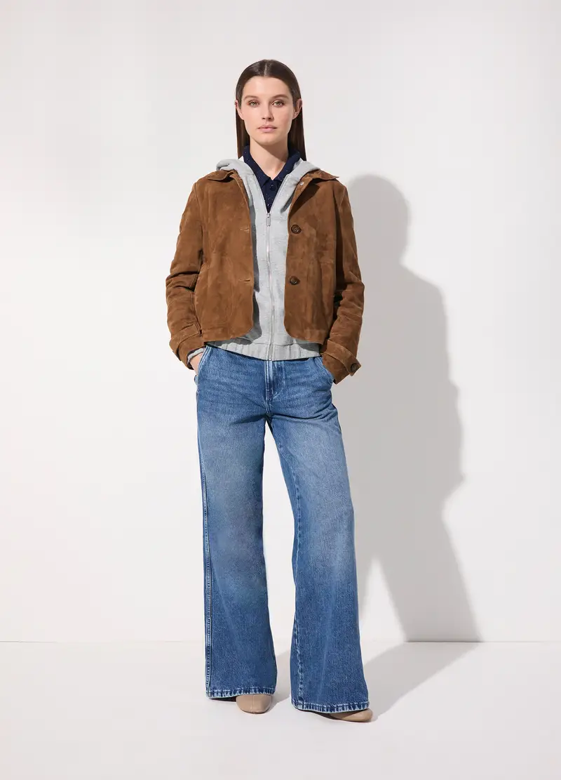 Giacca Corta In Vera Pelle Scamosciata Donna, Unisex, Marrone tabacco