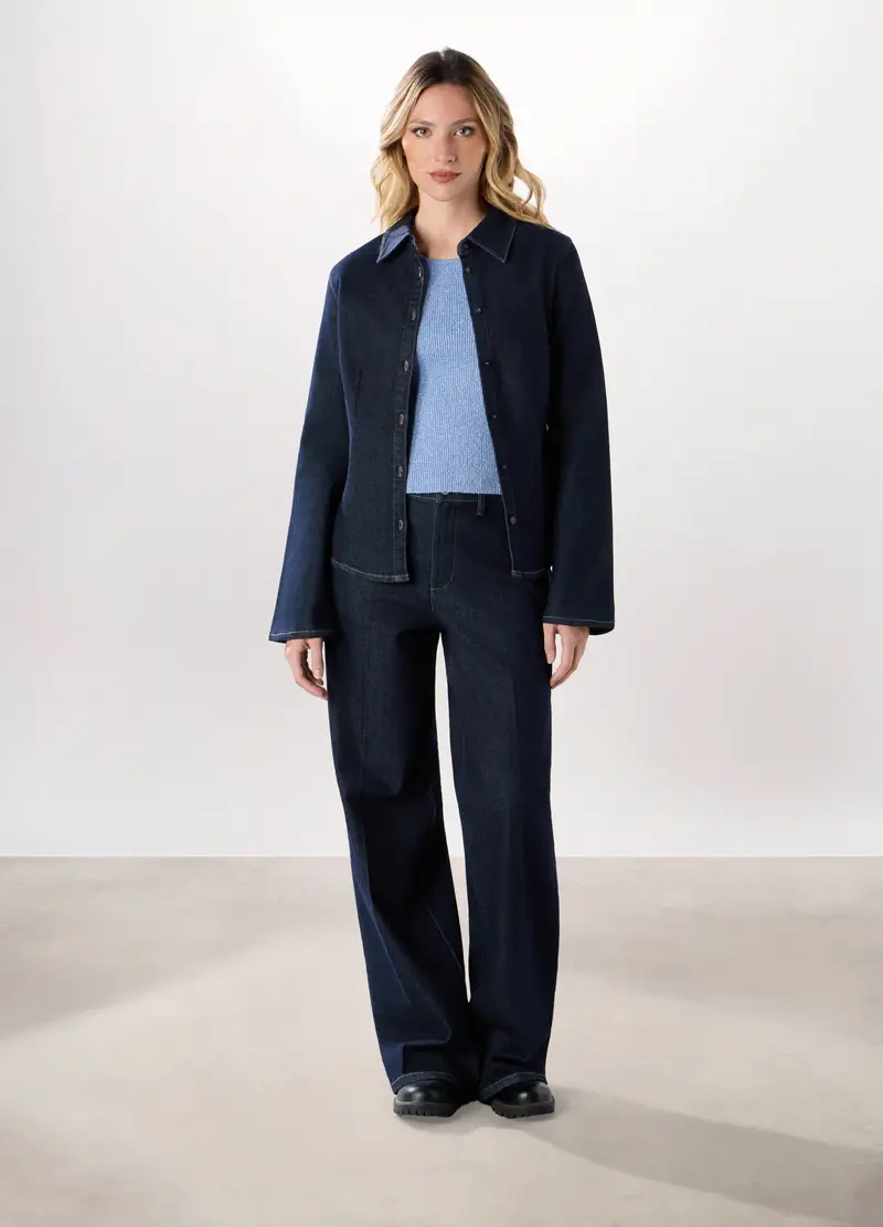 Giacca In Denim Di Cotone Stretch Donna, Blu scuro